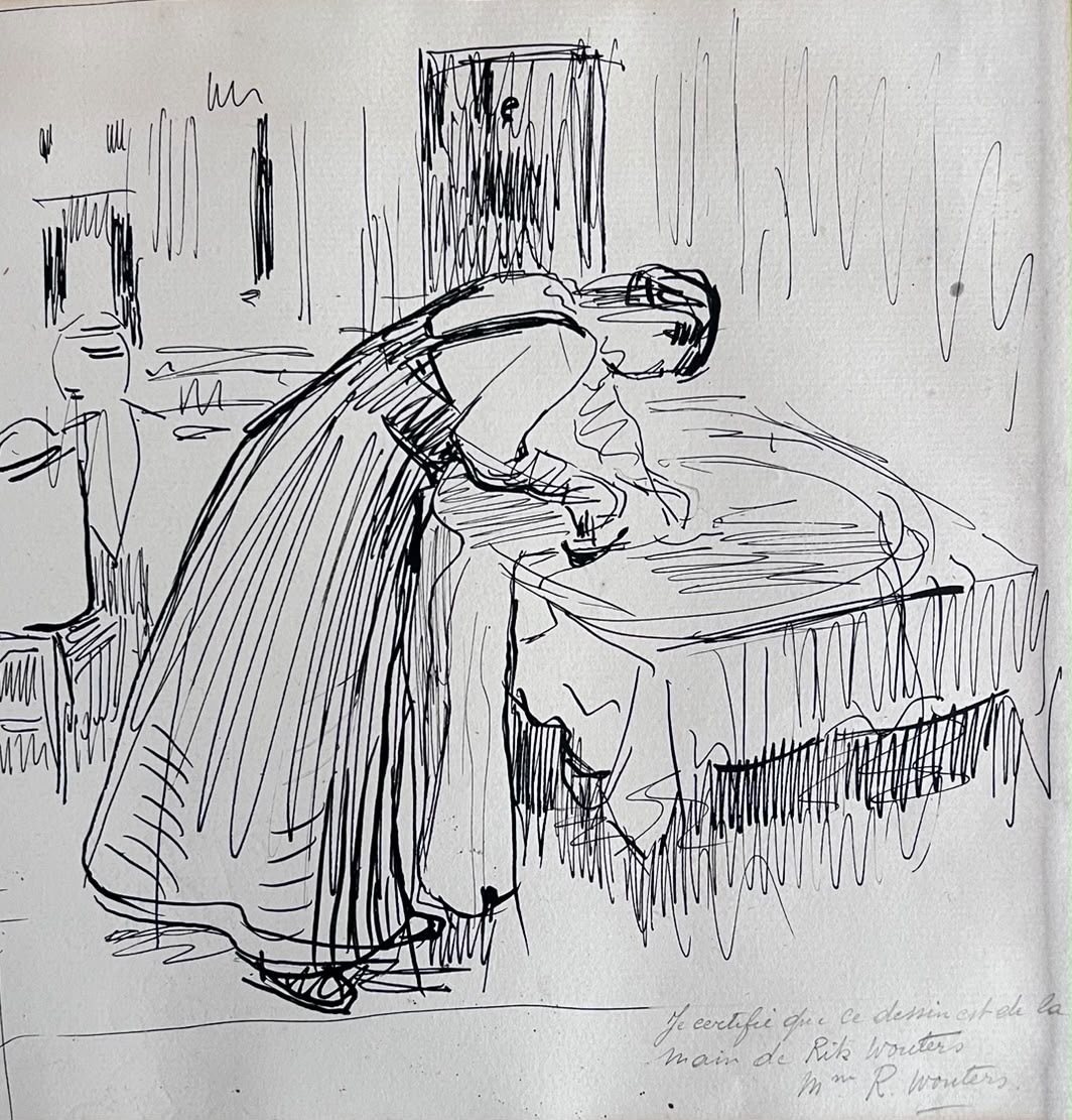 Pen and ink drawing of a woman leaning over a table