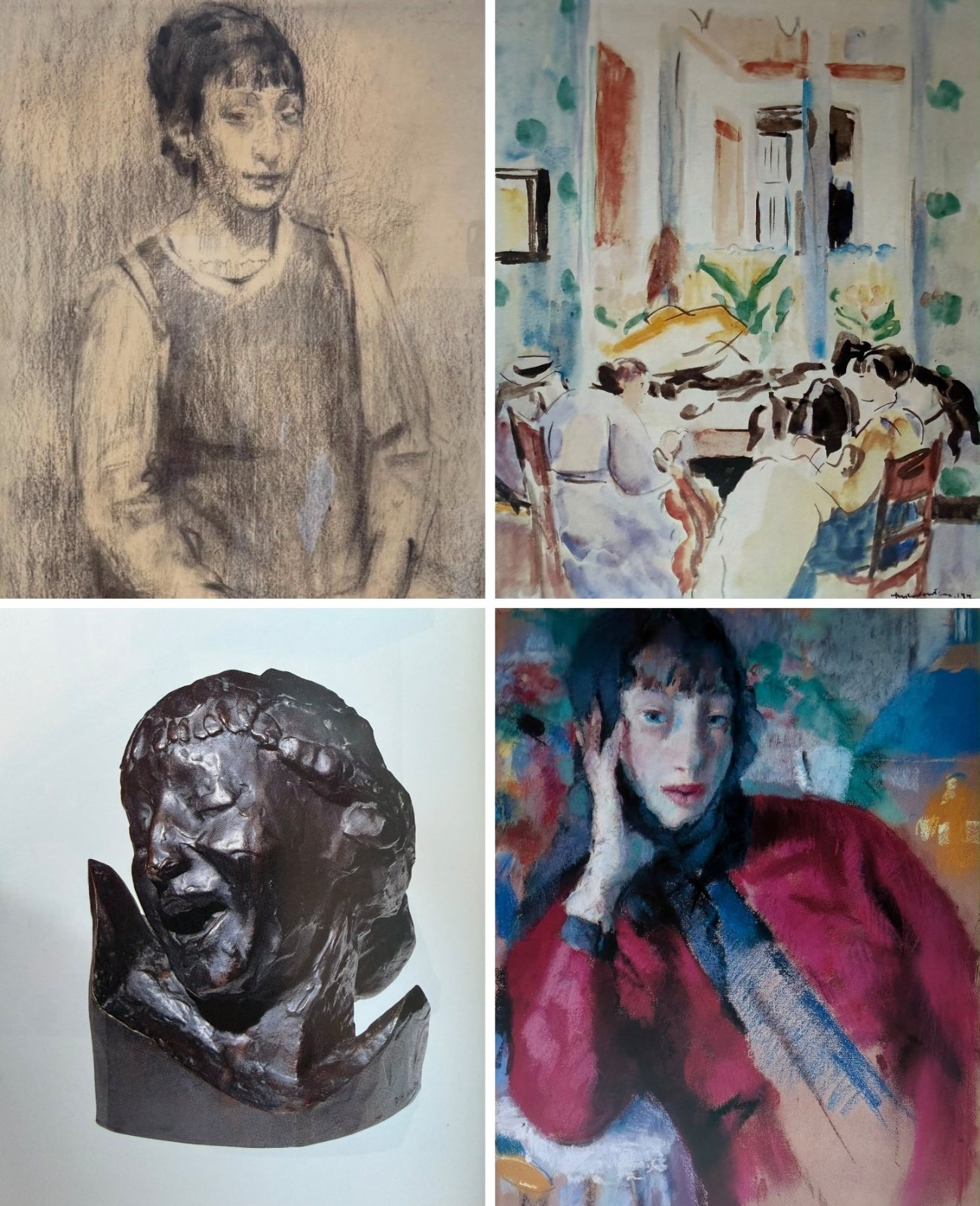 Four works by Rik Wouters: a charcoal portrait, a watercolour interior of 1912, a pastel portrait of a woman in red, and a bronze head