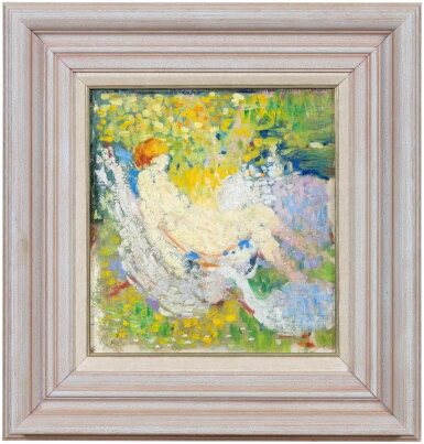 Le Paradou: a red-haired nude reclining in a hammock in a sunlit garden, in a pale wooden frame