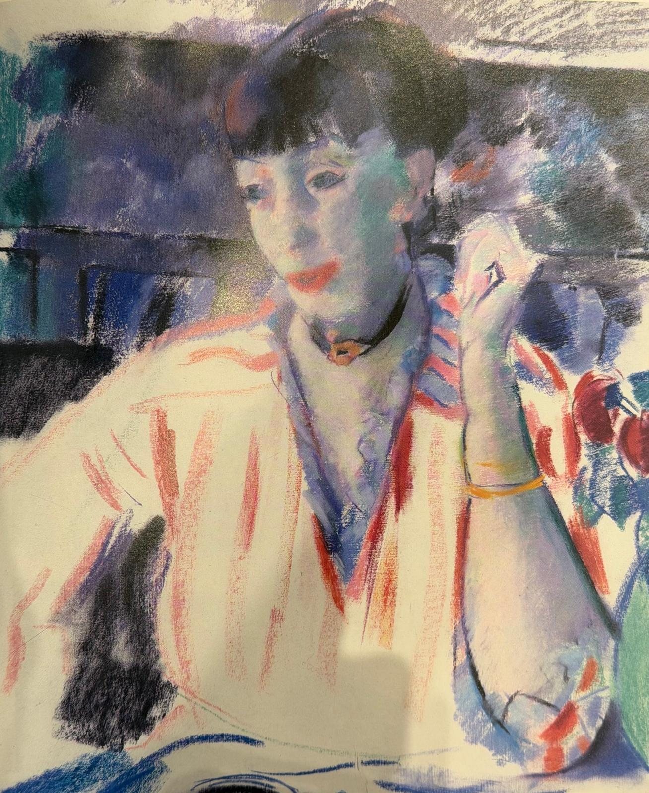 Pastel portrait of a dark-haired woman in a striped blouse, her chin resting on her hand